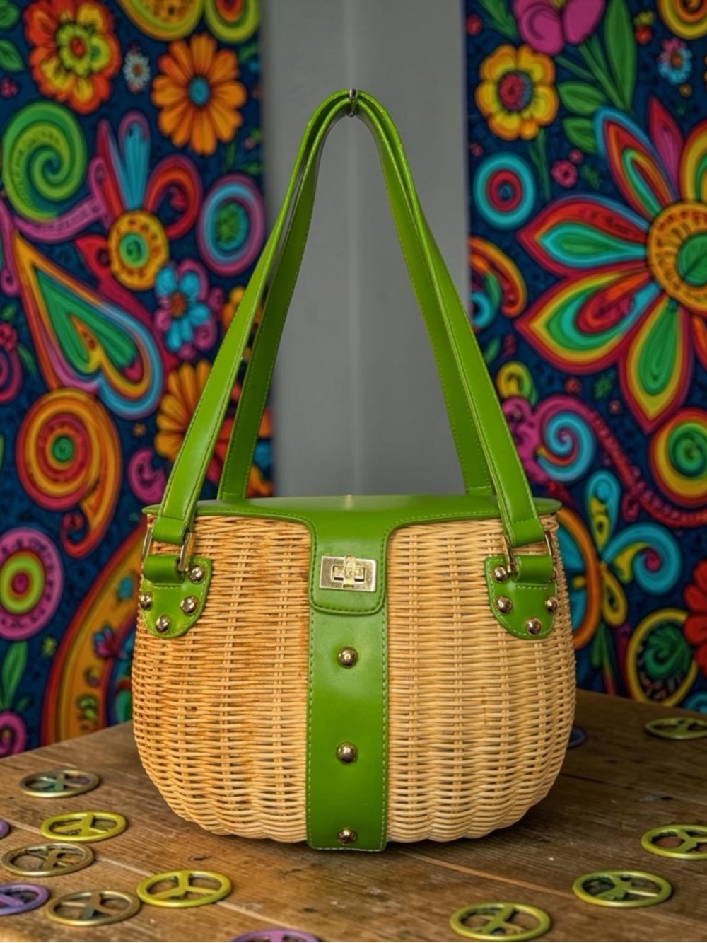 Vintage 70s Etienne Aigner Rattan Basket Handbag Top Handle Rare (A655)